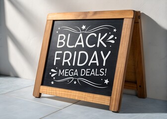 Black friday mega deals sign on a chalkboard with wooden frame for retail sales