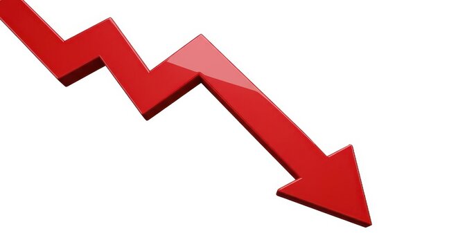 Three dimensional red jagged line graph illustrates a sharp decline against a white background - Powered by Adobe
