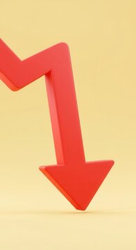 Three dimensional downward trending arrow demonstrates sharp negative movement against a pale background