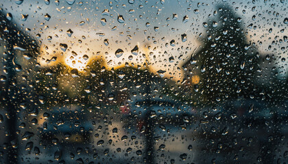 Raindrops on a window with blurred outdoor scene and sunset.
