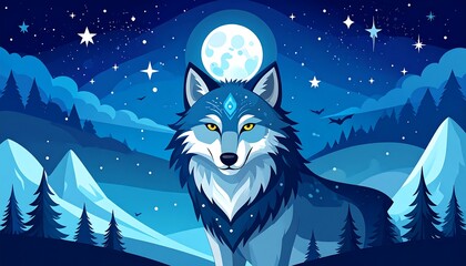 A majestic wolf with glowing eyes gazes forward, set against a backdrop of a moonlit, starry night and snow-capped mountains