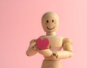 Wooden mannequin holding a heart with a smile, symbolizing love, care, and happiness, against a pink background