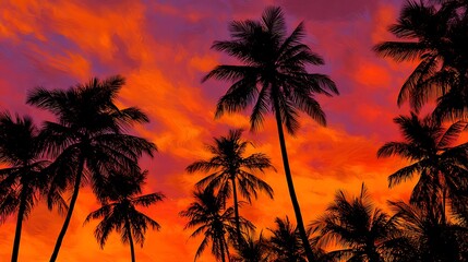 Palm Tree Silhouettes at Fiery Sunset Tropical Paradise Nature Scene