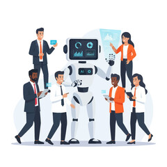 Fototapeta premium Artificial intelligence robot presenting data analytics on a holographic screen to a diverse business team.