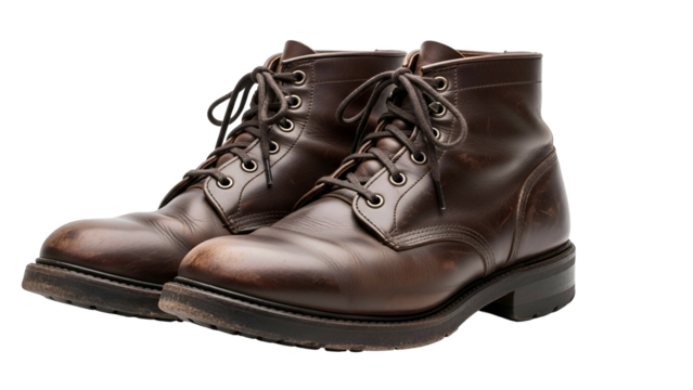 Sturdy brown leather lace up work boots displayed against a black background