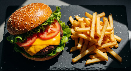 Delicious Cheeseburger and Golden French Fries Meal on a Dark Slate Board