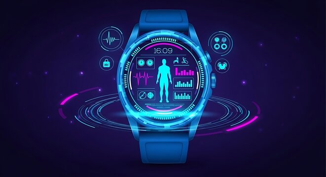 Modern Wearable Technology Device Showcasing Comprehensive Health Monitoring Data and Fitness Tracking Statistics on a Glowing Neon Heads-Up Display Interface Against a Dark Futuristic Backg