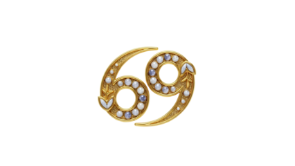 Ornate golden brooch stylized as the number sixty nine with inset pearls and moonstones on a black background