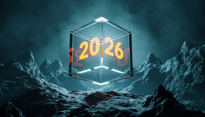 A dramatic 3D render showing a glowing, transparent glass cube with the bright orange numbers "2026" inside, floating over dark, rugged, rocky terrain. This futuristic image symbolizes the arrival of 
