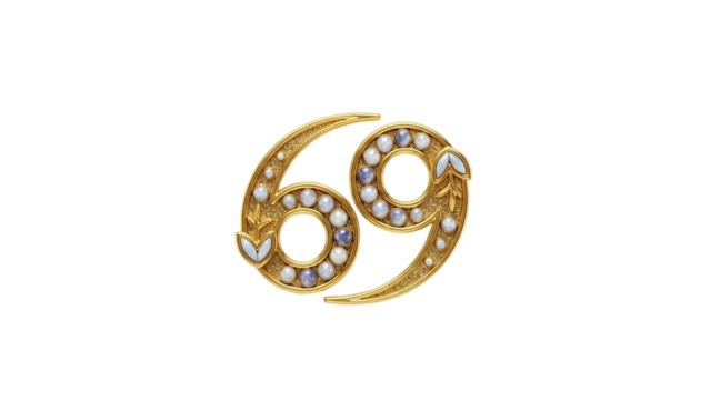 Ornate golden brooch stylized as the number sixty nine with inset pearls and moonstones on a black background