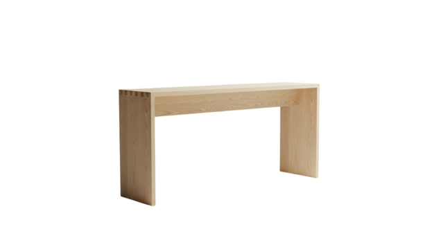 Minimalist light wood rectangular console table is isolated against a solid black background