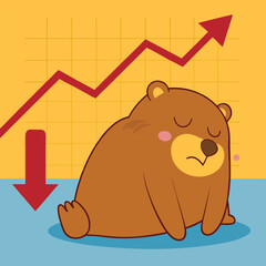 A sad cartoon bear sitting down with a downward red arrow and an upward red arrow indicating stock market fluctuations and financial decline