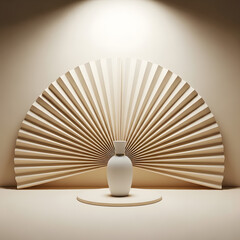 A minimalist studio shot featuring a white vase on a circular platform with a fan-shaped backdrop.