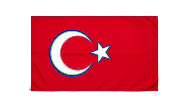 Vibrant red fabric displays a celestial symbol with a crescent and a five-pointed star against a dark background