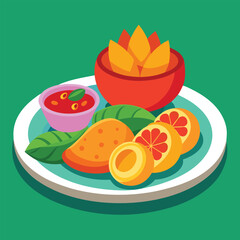 Vibrant illustration of a delicious and healthy meal on a white plate featuring crispy tortilla chips in a red bowl fresh salsa green leaves and sliced grapefruit perfect for culinary or food related 