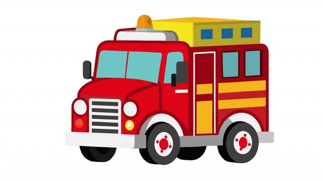 Red fire truck. Fire truck departure animation, alpha channel. Cartoon