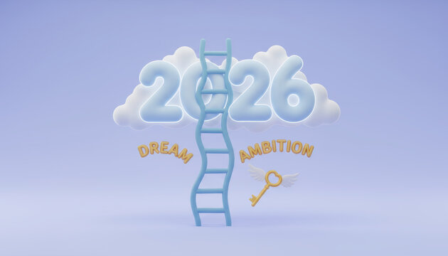 2026 cloud ladder concept, dream ambition mood, pastel minimal scene, hopeful vibe