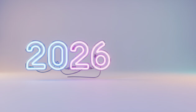 Neon 2026 sign, glowing pastel light, modern minimal backdrop, futuristic vibe
