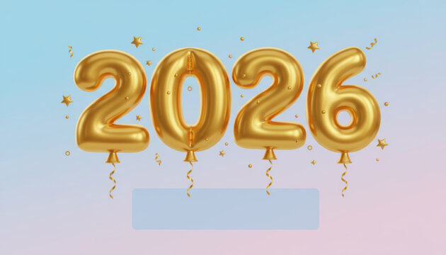 Golden number balloon 2026 celebration, festive party decoration with confetti and stars
