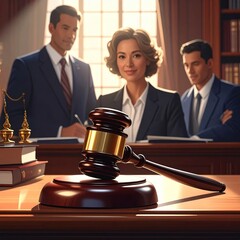 Formal court setting with judge and assistants, gavel prominent