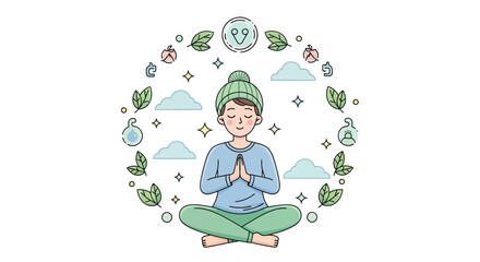 A serene person meditates peacefully in a lotus position surrounded by natural and wellness elements.