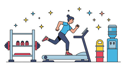 A happy woman exercises on a treadmill in a vibrant gym with weights and a water cooler.