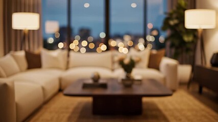 Cozy Living Room Background with Cityscape View, Perfect for Relaxation and Urban Lifestyle Concepts or Branding, Featuring Plush Couch, Coffee Table, and Tranquil Atmosphere in 4K UHD Video.