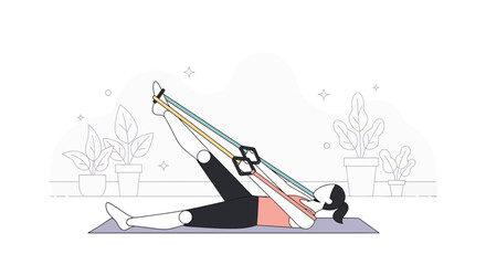 Woman performing leg exercises with resistance bands on a yoga mat indoors.
