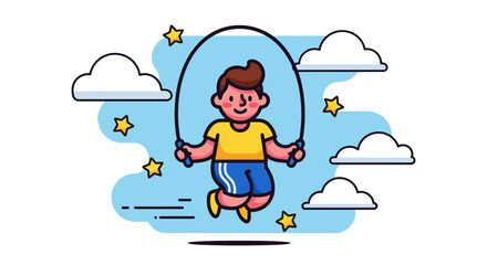 A cheerful cartoon boy enjoys jumping rope amidst fluffy clouds and sparkling stars.