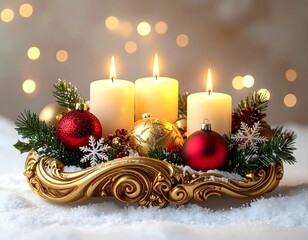 Red and gold Christmas candle centerpiece for holiday decor high resolution picture