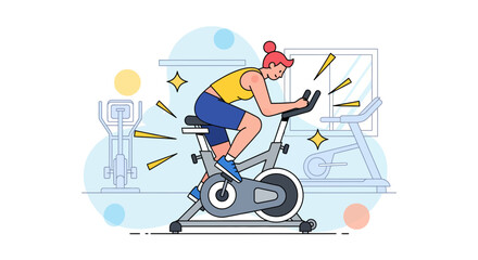 A woman exercises diligently on a stationary spin bike in a vibrant gym setting.