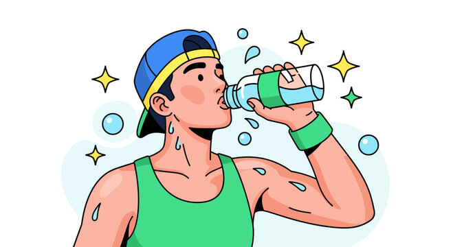 Young man in a cap hydrating by drinking water from a bottle after physical activity