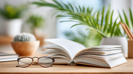 An open book with fanned pages and a pair of eyeglasses rest on a light wooden desk, surrounded by potted plants and office supplies, suggesting a calm study or work environment.
