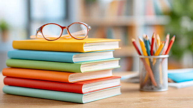 stack of colorful notebooks and textbooks on a classroom desk, symbolizing organization and enthusiasm for learning