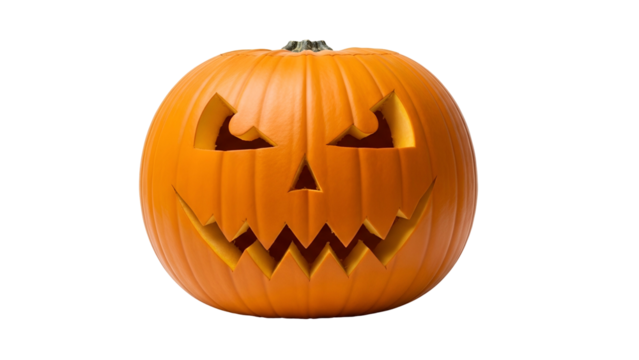 Carved orange gourd displays a menacing facial expression against a dark background