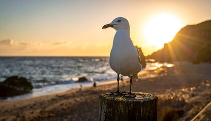 Seagull perched on a post at sunset on a beach.