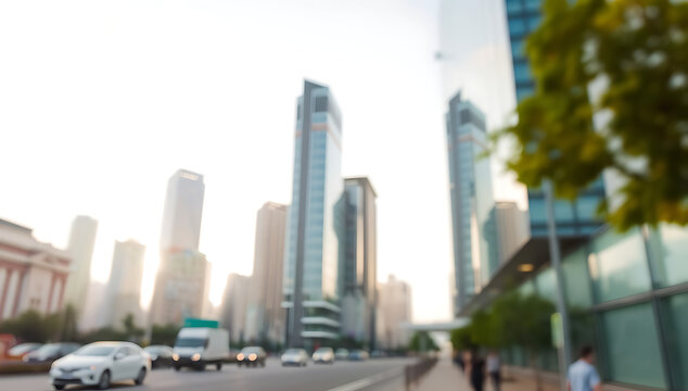 Blurred city skyline with skyscrapers and street view. - Powered by Adobe