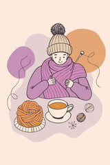 Depict a person working on a cozy winter scarf, activities after thanksgiving