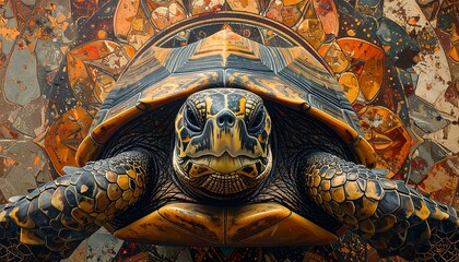 A close-up, frontal view of a turtle with detailed shell and skin, set against a colorful, abstract patterned background