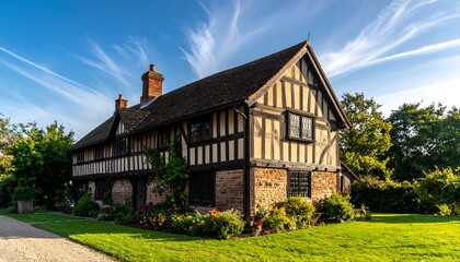 A picturesque two-story house with dark timber-framed facade and brick base, under a clear, blue sky. Lush garden surrounds the charming cottage