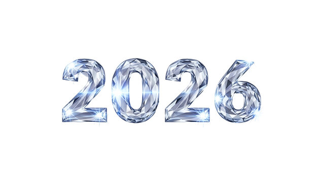 Stylized numerals representing the year two thousand twenty six rendered in a brilliant crystalline texture against a dark background