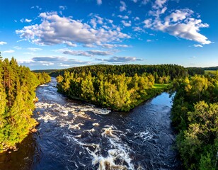 A winding river flowing through a lush green forest under a blue sky
