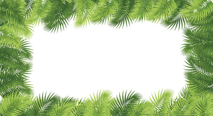 Tropical palm leaves create a vibrant green frame around a white background, perfect for summer designs and natural themes.