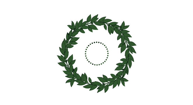 A symmetrical dark green laurel wreath encircles a decorative dotted ring, presented on a clean white background, symbolizing victory and honor.
