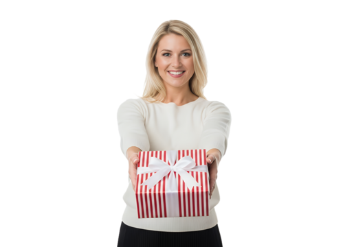Joyful blonde woman offers a festive red and white striped gift with a white bow, conveying warmth and holiday cheer for greeting cards and promotions