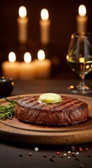 Gourmet grilled steak with compound butter rests on a wooden board surrounded by candlelight