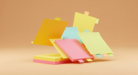 Colorful stacks of small adhesive paper notes suspended midair above a solid surface