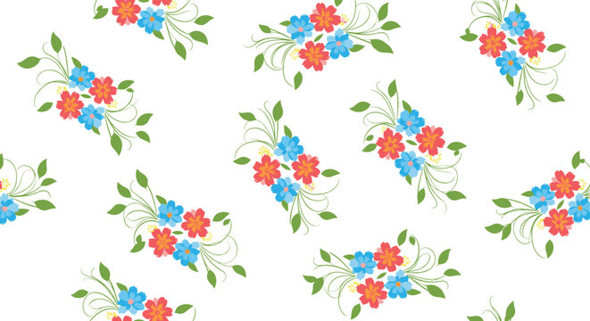 A delightful seamless floral pattern with scattered small bouquets of red and blue flowers and green leaves on a pristine white background.