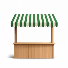Empty market stall with green striped awning and wooden counter