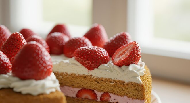 Rich strawberry shortcake slices topped with whipped cream sit near a bright window - Powered by Adobe
